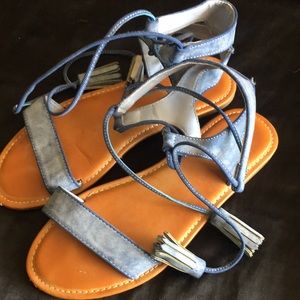Denim colored ankle wrap sandals